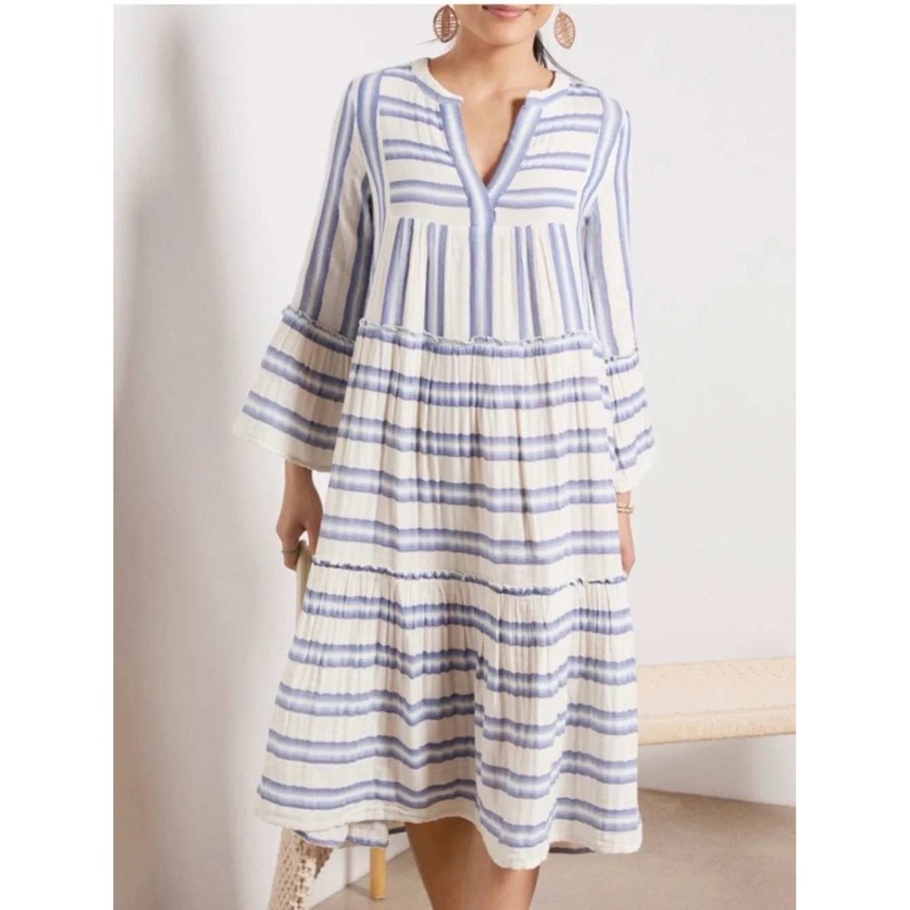Faherty Vida Long Dress Blue Striped Organic Cotton Tiered Midi Bell Sleeve Sml